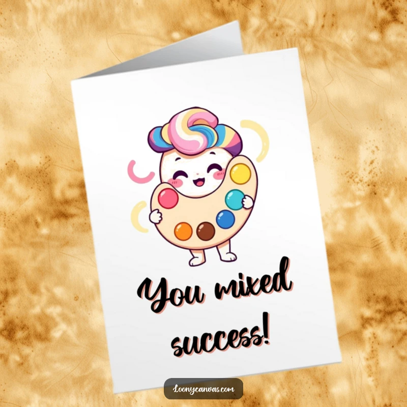 Funny Free Printable Palette Congratulations Card: A smiling palette character presenting a vibrant spectrum of swirling colors for a big win.