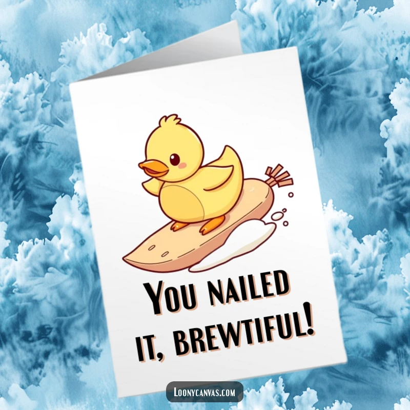 Funny Free Printable Congratulations Card: A cheerful rubber duck surfing with glee on a teabag, celebrating an achievement.