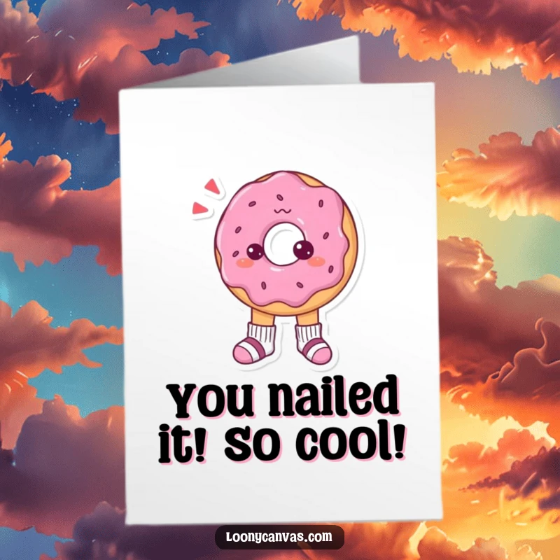 Funny Free Printable Congratulations Card: A confused donut character tries to make sense of wearing tiny, mismatched socks.