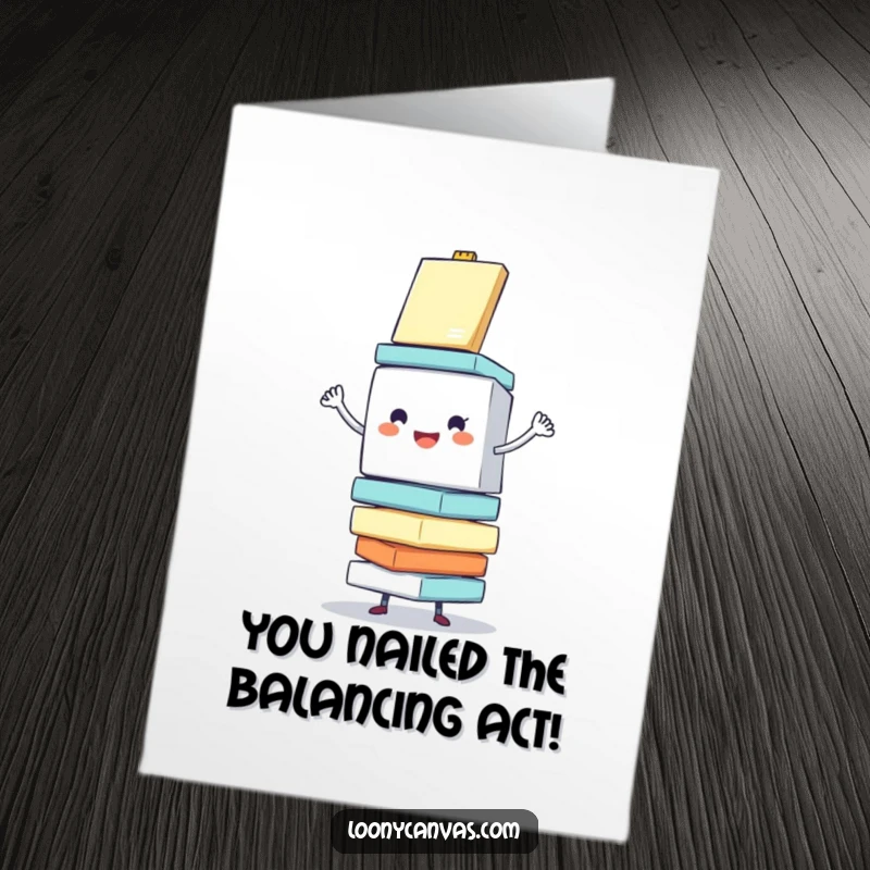 Funny free printable congratulations card: a cheerful cube character balancing a stack of wobbling canvases.