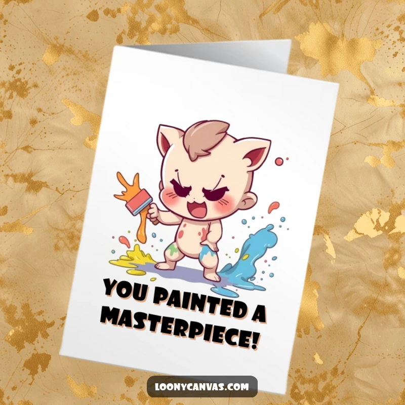 Funny Free Printable Congratulations Card: A mischievous character playfully splattering paint, celebrating achievements with colorful flair.