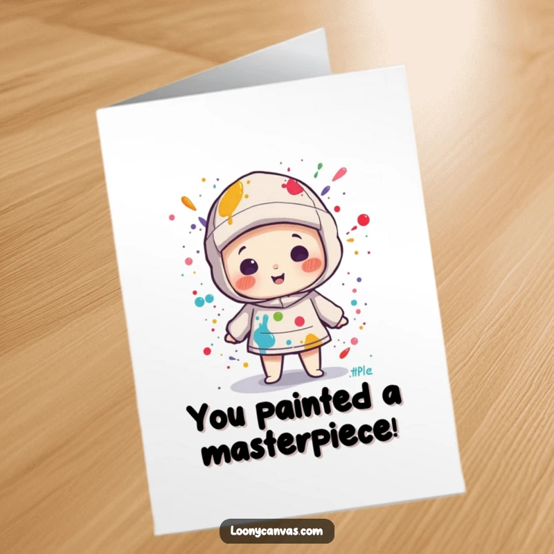 Funny Free Printable Congratulations Card: Kawaii canvas character playfully splattered with paint, congratulating success with downloadable creativity.