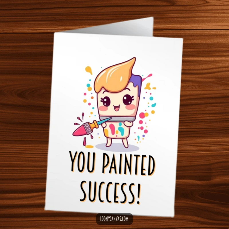 Funny Free Printable Paintbrush Congratulations Card: Kawaii paintbrush character creating a joyous paint splatter to mark an achievement.