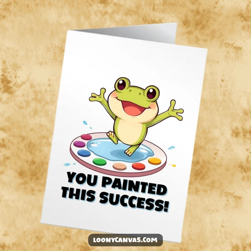 Funny Free Printable Congratulations Card: A joyful frog artist splashes into a paint palette, celebrating success with colorful art.