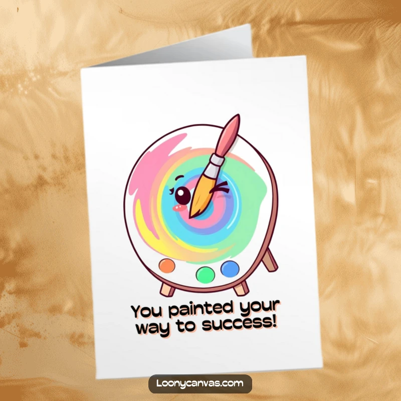 Funny Free Printable Congratulations Card: a kawaii winking paintbrush artist joyfully creating a colorful swirl to celebrate.