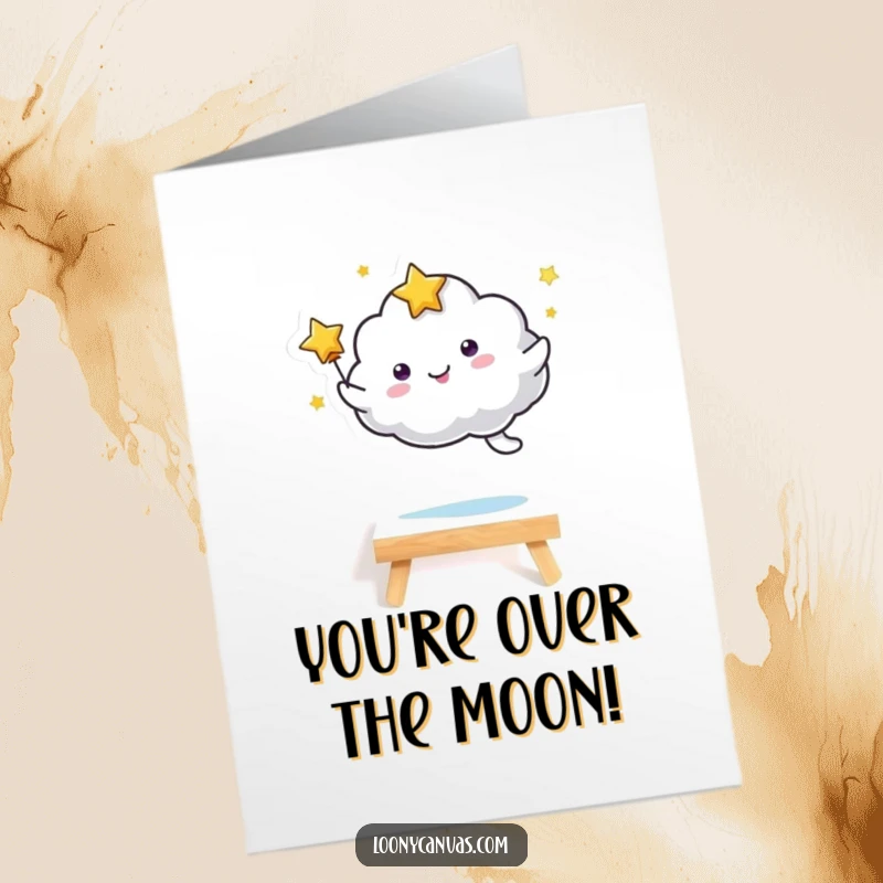 Funny Free Printable Congrats Card: Kawaii star cloud jubilantly leaping over a tiny canvas.