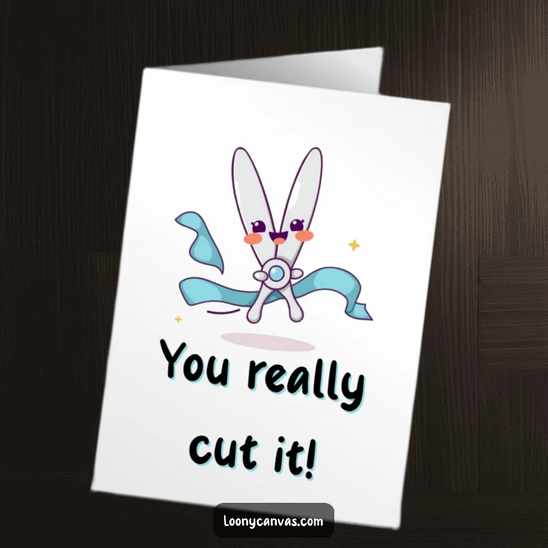 Funny Free Printable Congratulations Card with a delighted scissors character joyfully snipping a colorful ribbon, celebrating success.
