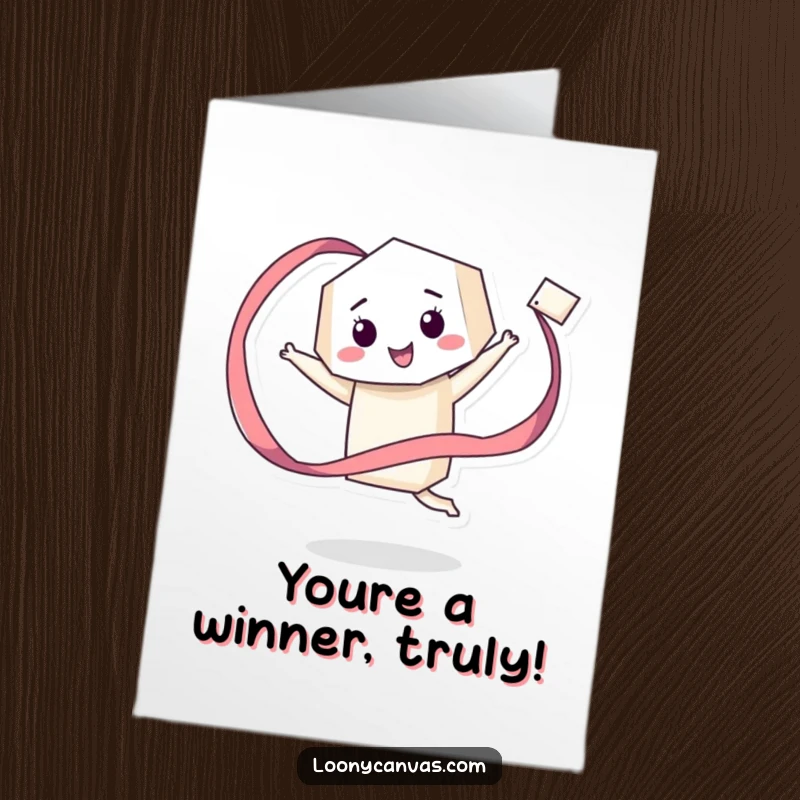 Funny free printable congratulations card: a giddy geometric character happily twirling a long, flowing ribbon.