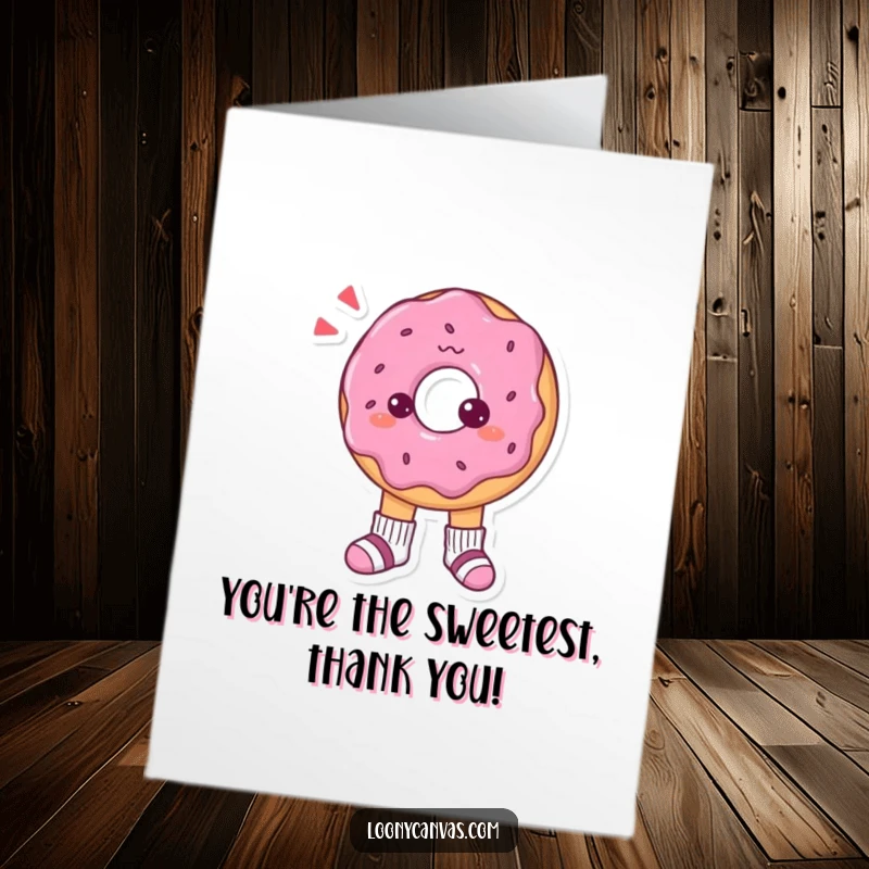 Funny Free Printable Thank You Card: A confused donut character looks bewildered by its tiny, mismatched socks, saying thanks.