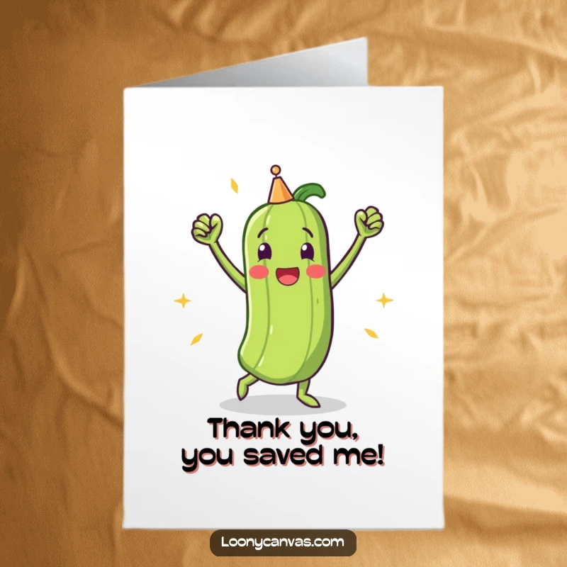 Funny Free Printable Thank You Card: A pickle character does a triumphant victory dance, expressing a big, happy thank you.