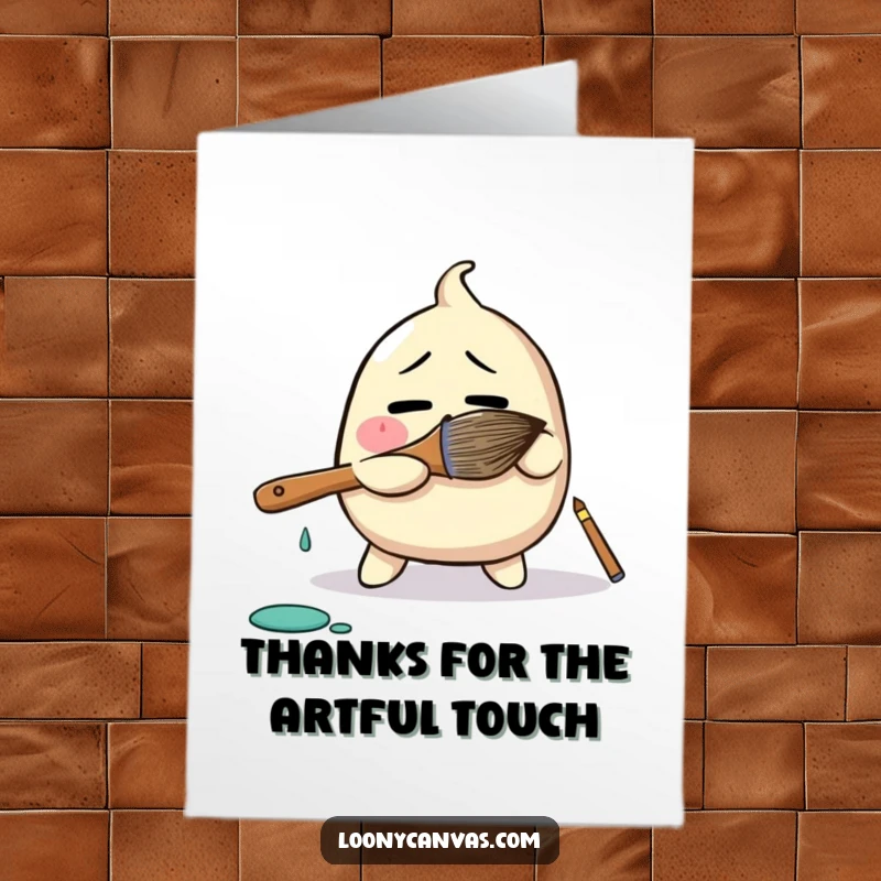 Funny free printable thank you card: a bewildered blob character comically wrestling with a giant paintbrush.