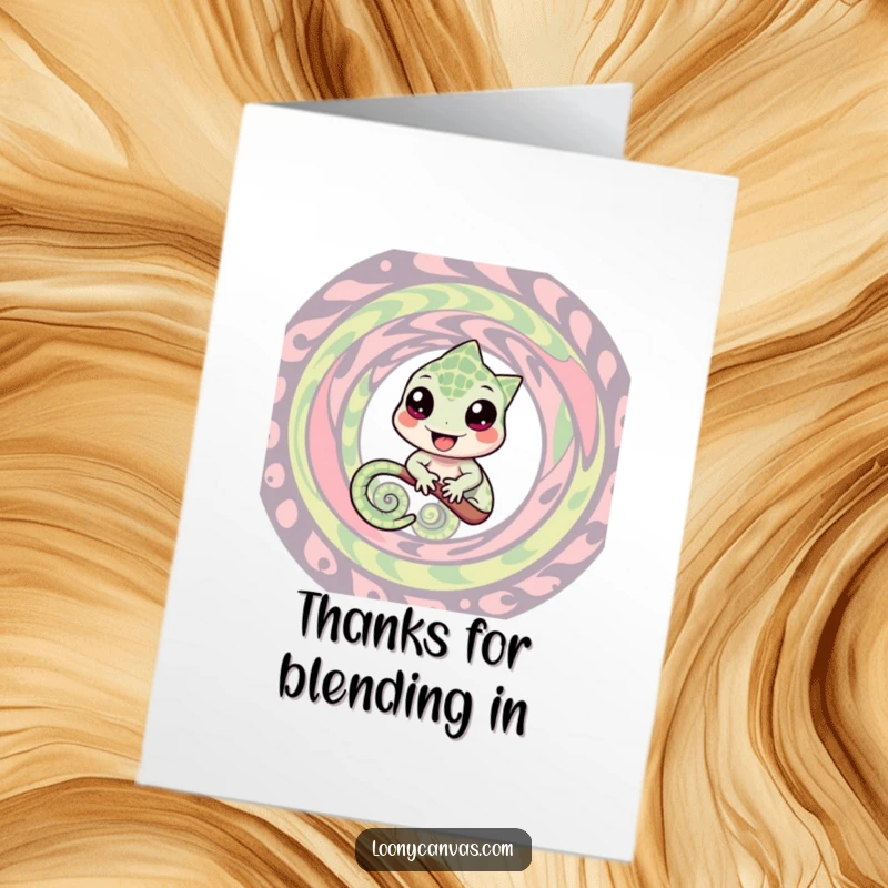 Funny Free Printable Thank You Card with a cheerful chameleon blending into a colorful swirl, a unique way to say thanks.