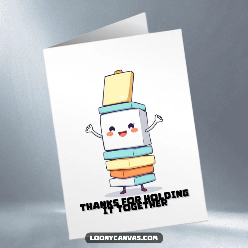 Funny free printable thank you card: a cheerful cube character balancing a stack of wobbling canvases.