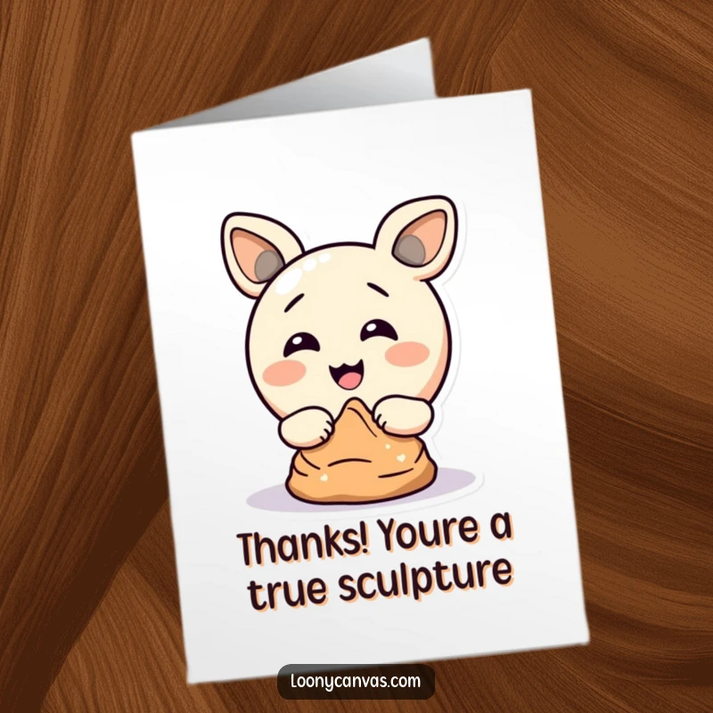 Funny Free Printable Thank You Card: A delighted circle character comically sculpts clay with its ears, a unique way to say thanks.