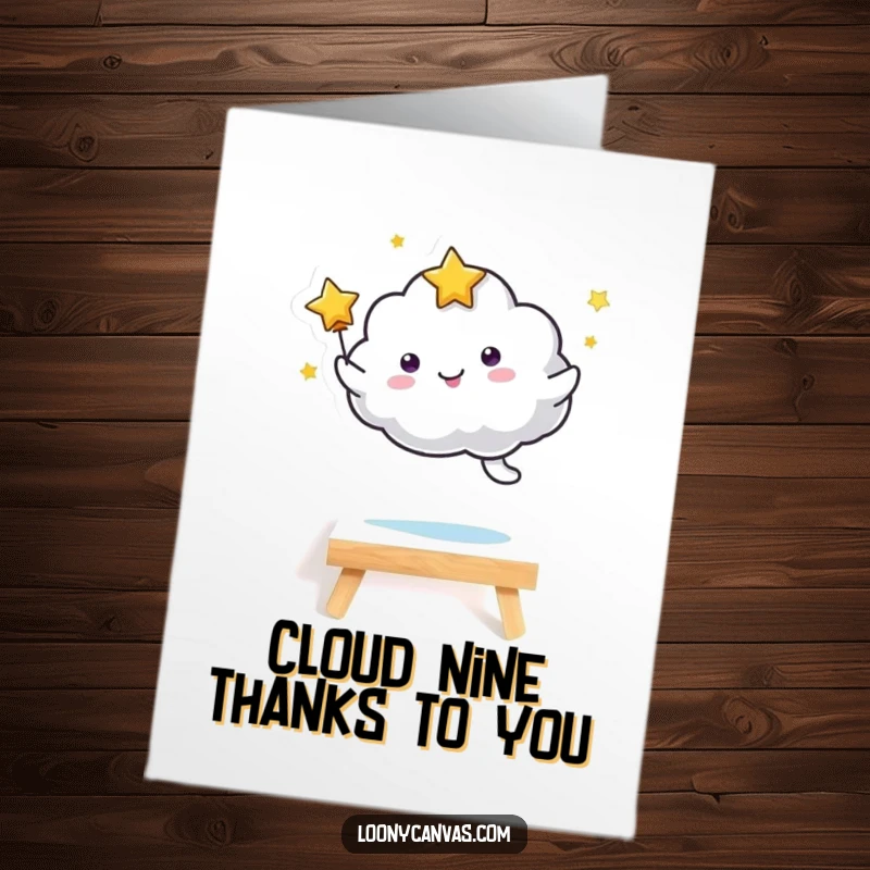 Funny Free Printable Thank You Card: Kawaii star cloud leaping joyfully over a small art canvas.