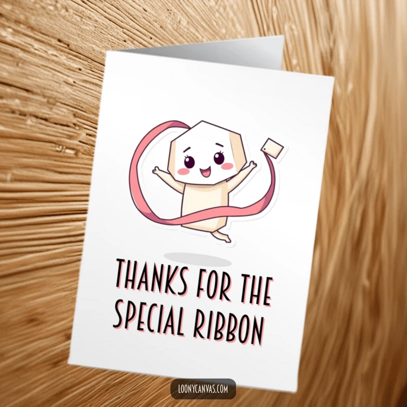 Funny free printable thank you card: a giddy geometric character happily twirling a long, flowing ribbon.