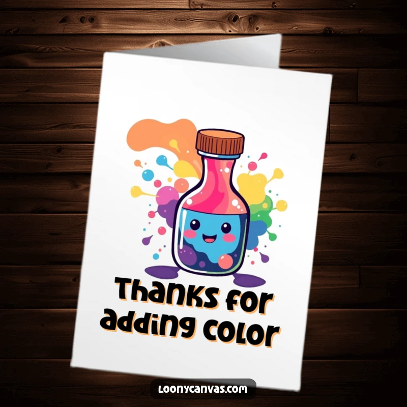 Funny Free Printable Thank You Card: Happy ink bottle character spilling a rainbow of abstract patterns, sending thanks.