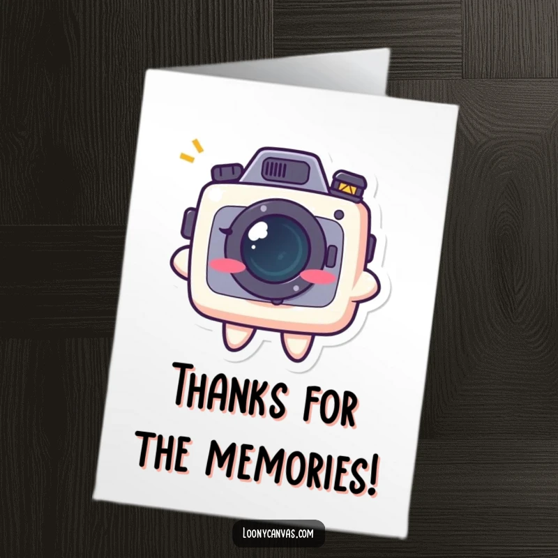 Funny Free Printable Thank You Card: Kawaii camera character flashes a mischievous grin, making thanks a delightful, downloadable experience.