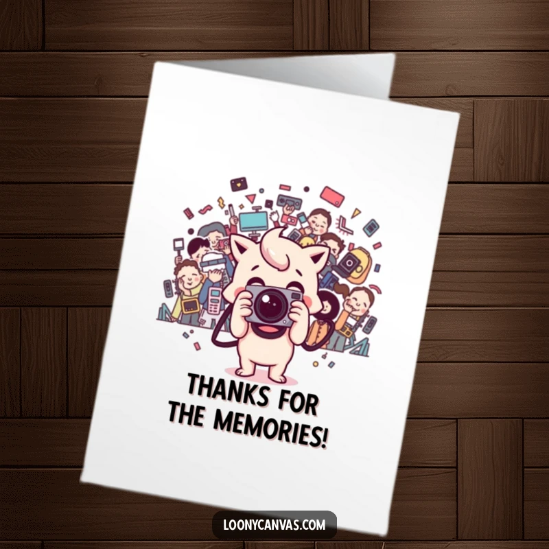 Funny Free Printable Thank You Card: Happy Kawaii camera character snapping a chaotic photo, expressing thanks.