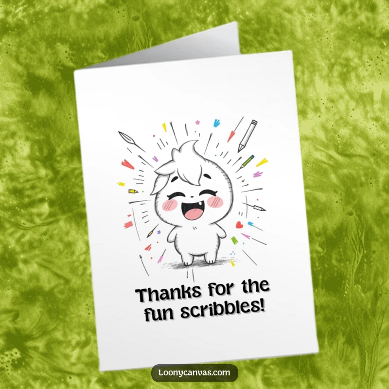 Funny Free Printable Thank You Card: A giggling Kawaii pencil draws a chaotic scribbled masterpiece, offering thanks with a smile.