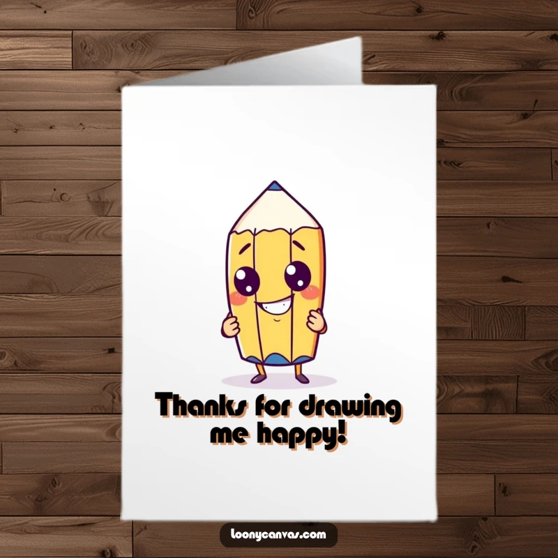 Funny Free Printable Thank You Card: A cheeky pencil character with a goofy grin drawing its own picture, signifying thanks.