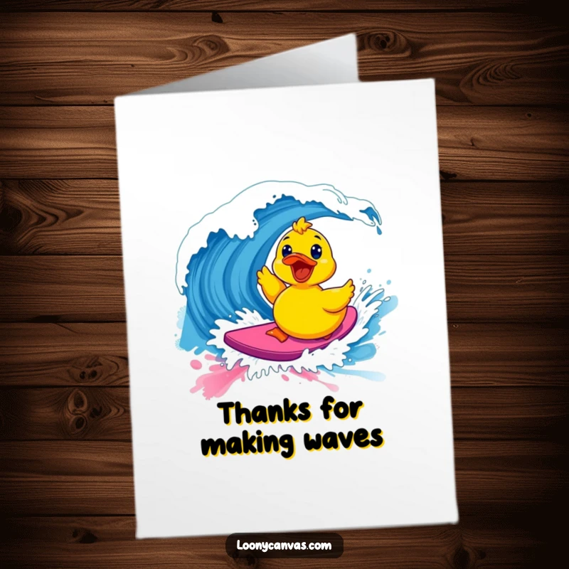 Funny Free Printable Thank You Card: a kawaii excited rubber ducky surfing a vibrant paint wave, sending thanks.