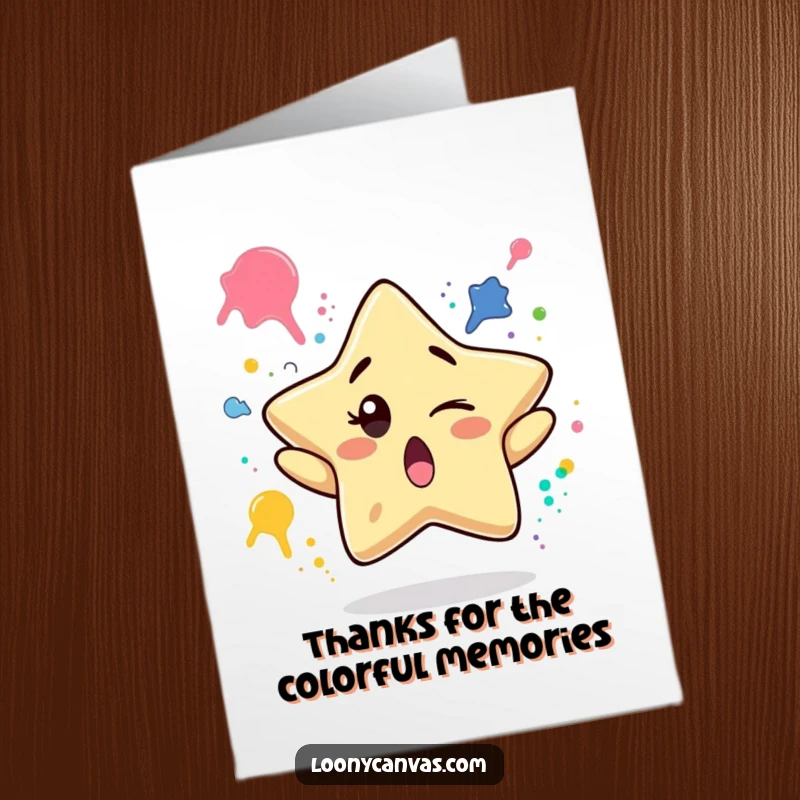Funny free printable thank you card: a surprised star character winking while juggling paint splatters.