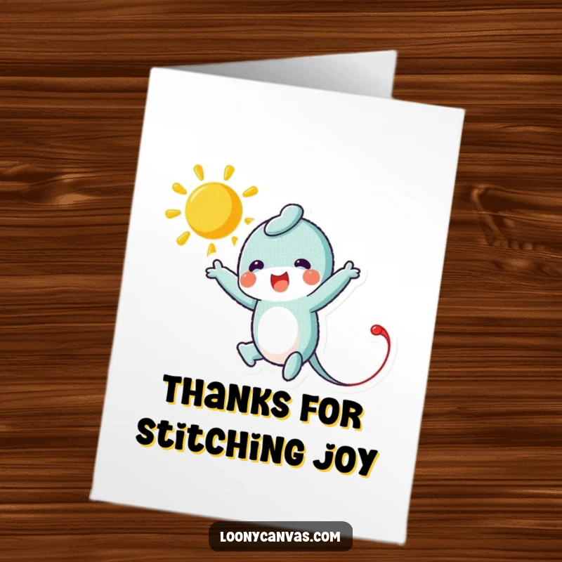 Funny Free Printable Thank You Card with a needle character stitching a glowing sun, a creative way to say thanks.
