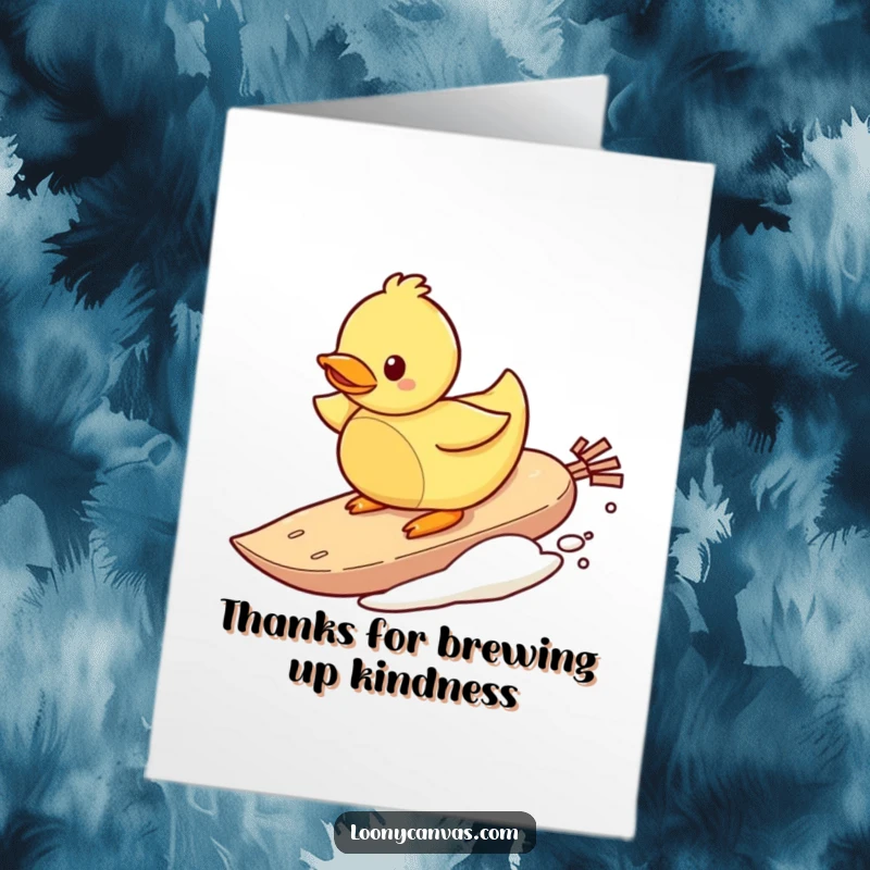 Funny Free Printable Thank You Card: A playful duck character mastering the waves atop a teabag.