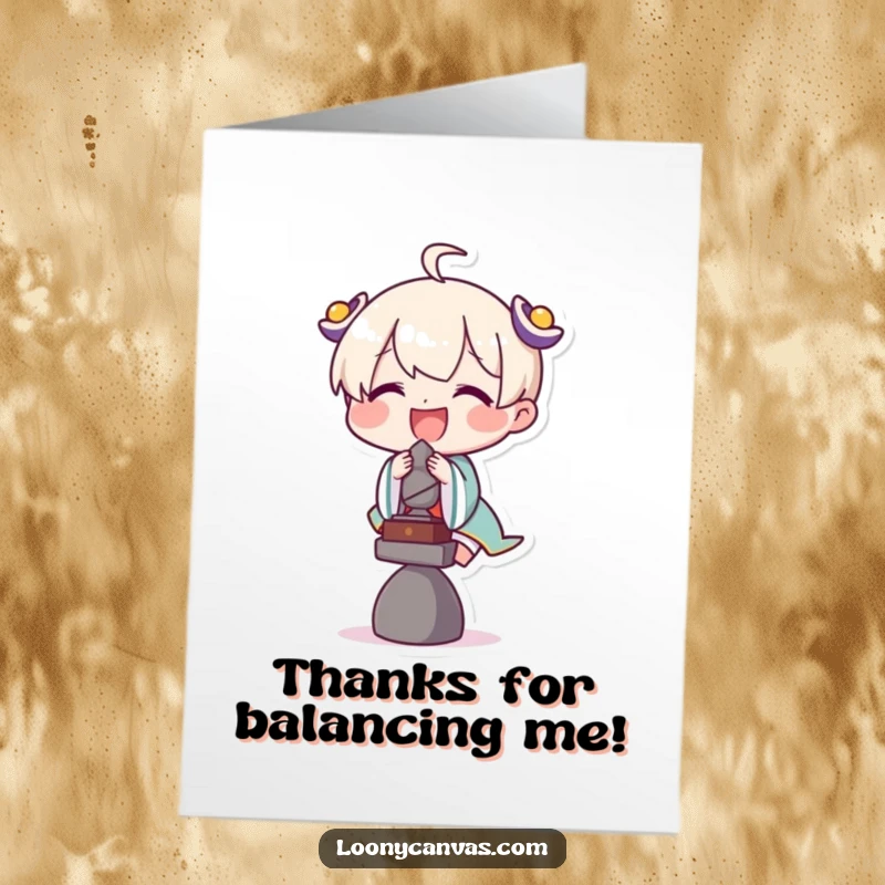 Funny Free Printable Thank You Card: Character carefully balancing a tiny sculpture, a humorous symbol of gratitude.