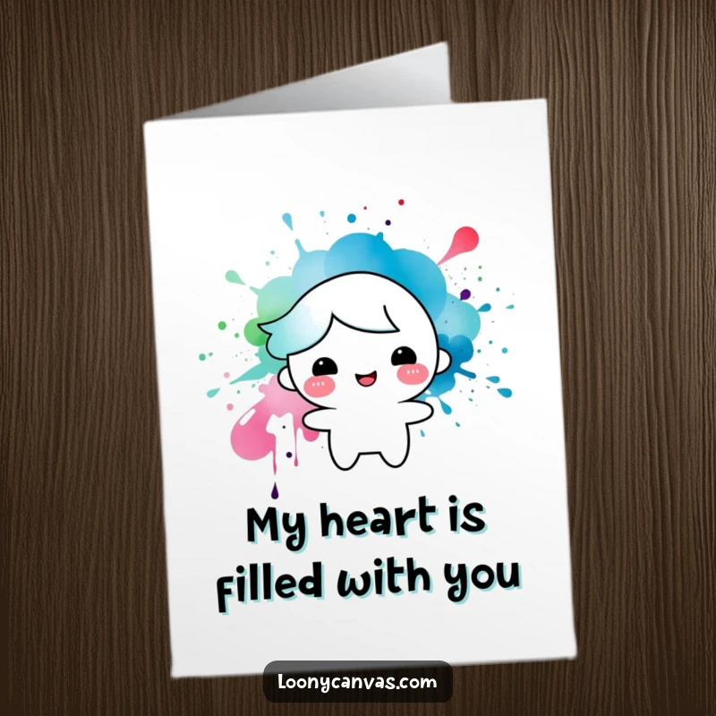 Funny free printable thank you card of a playful ink splatter forming a cheerful, smiling character, expressing thanks with artistic flair.