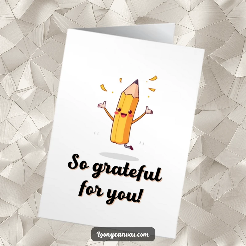 Funny Free Printable Thank You Card: A joyful pencil dancing merrily amidst flying shavings, expressing heartfelt thanks.