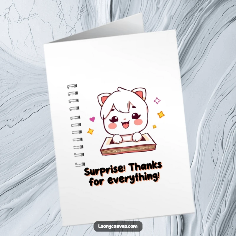 Funny free printable thank you card: A kawaii sketchpad character opens with arms outstretched, offering a sweet, surprising gift.