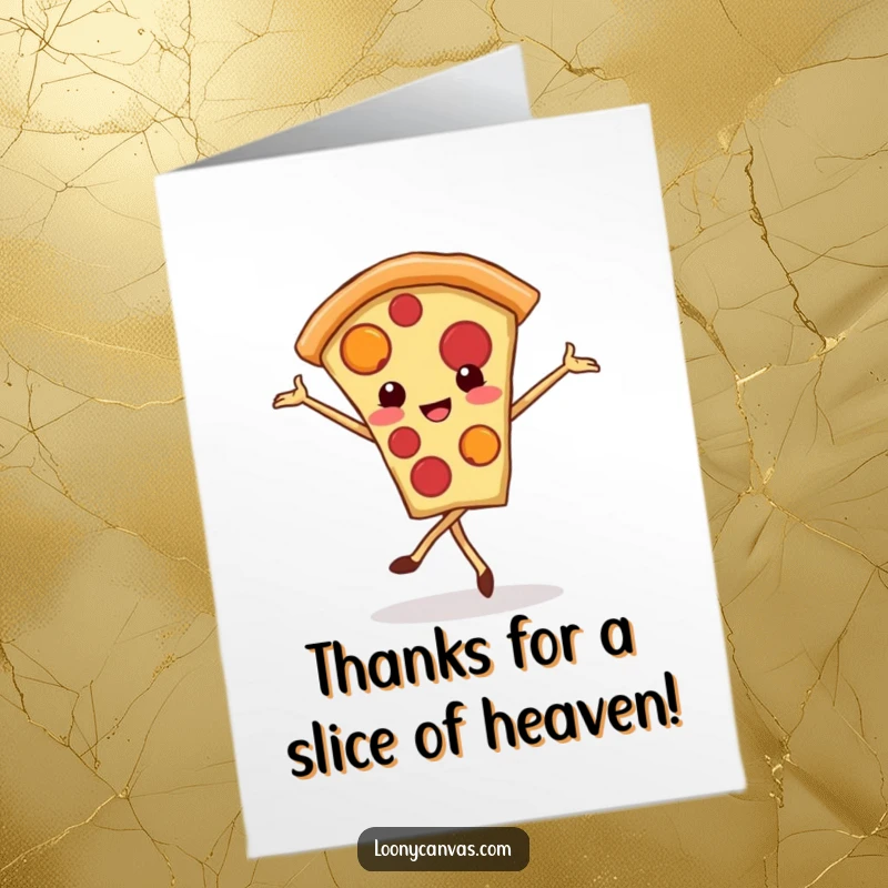 Funny Free Printable Thank You Card: Cute kawaii pizza slice balancing in a ballet pirouette with a happy expression.