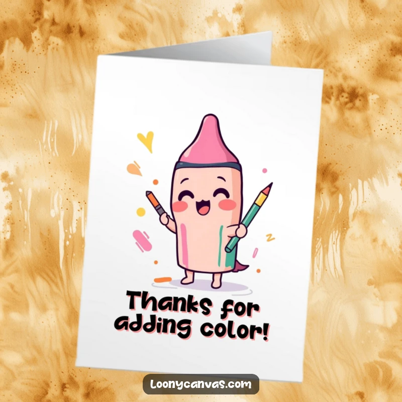 Funny Free Printable Thank You Card with a Kawaii crayon character joyfully scribbling in various colors, a vibrant expression of thanks.