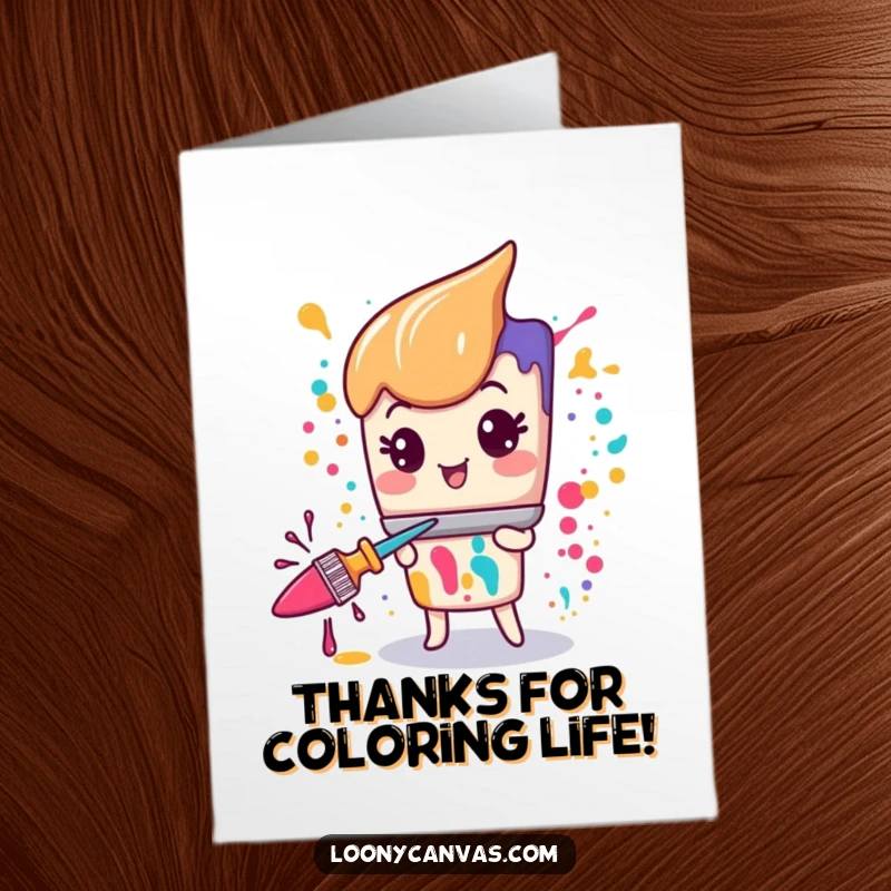 Funny Free Printable Paintbrush Thank You Card: A Kawaii paintbrush character enthusiastically splattering paint to show heartfelt thanks.