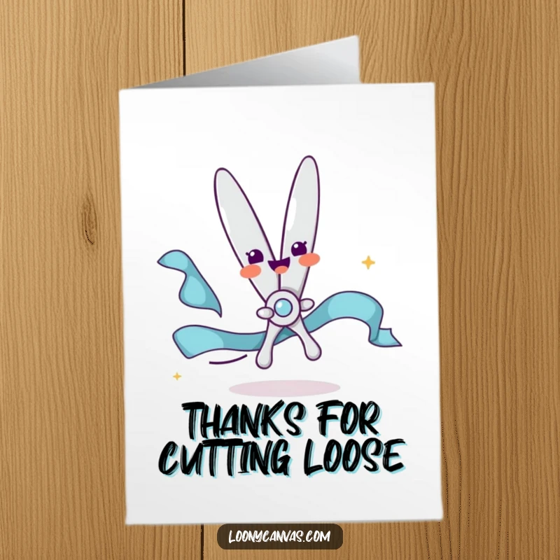 Funny Free Printable Thank You Card showing a happy scissors character snipping a ribbon, symbolizing gratitude and good wishes.