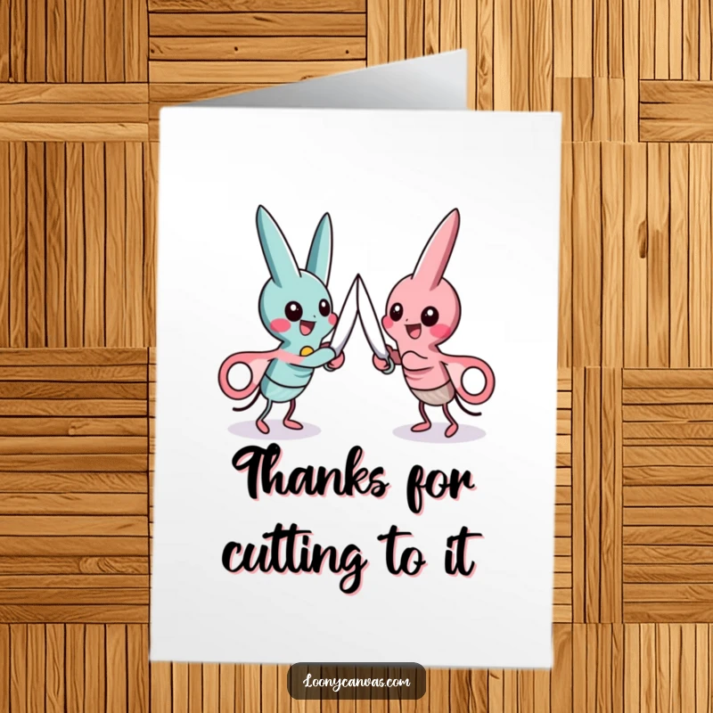 Funny Free Printable Thank You Card: Playful scissors characters in a friendly duel, ready to snip out some thanks.