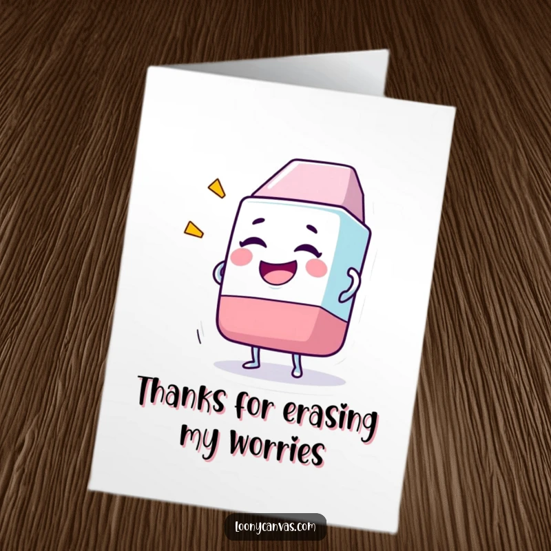 Funny Free Printable Thank You Card: Giggling eraser character joyfully removing a drawing, expressing sincere thanks.