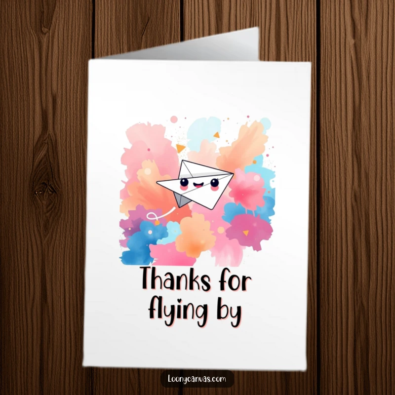 Funny Free Printable Thank You Card: Happy paper airplane character gliding through the air to deliver thanks.