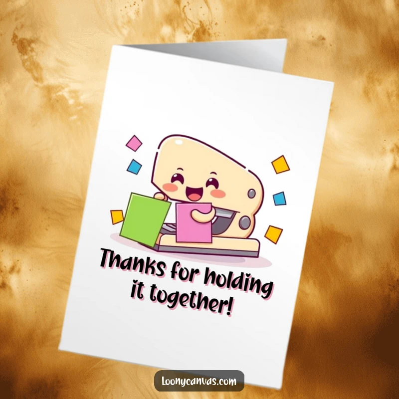 Funny Free Printable Stapler Thank You Card: A cheerful stapler character attaching colorful paper squares with enthusiasm to show thanks.