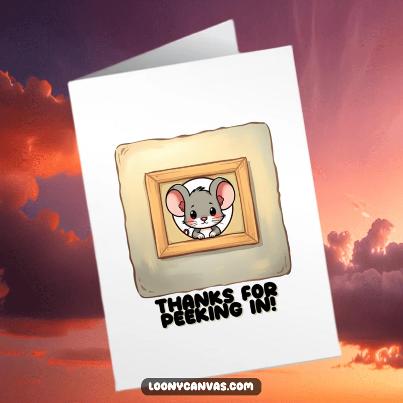 Funny Free Printable Thank You Card: A curious mouse peeks through a painting keyhole, offering thanks sweetly.