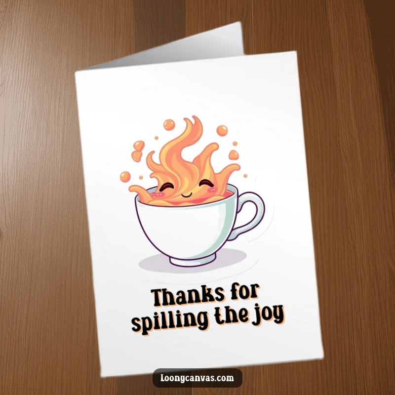 Funny Free Printable Thank You Card: a kawaii giggling teacup overflowing with tea, expressing heartfelt thanks.