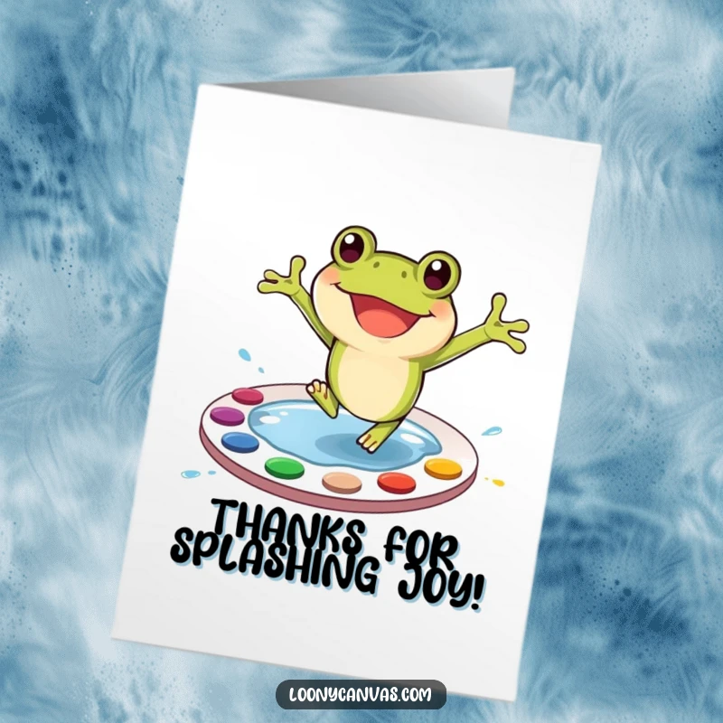 Funny Free Printable Thank You Card: A happy frog artist jumps into a paint palette, creating colorful art as a gesture of thanks.