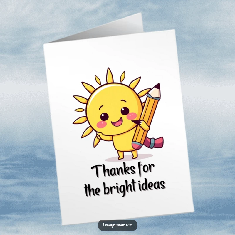 Funny Free Printable Thank You Card: a kawaii cheerful pencil sketching a smiling sun, sending thanks and warmth.
