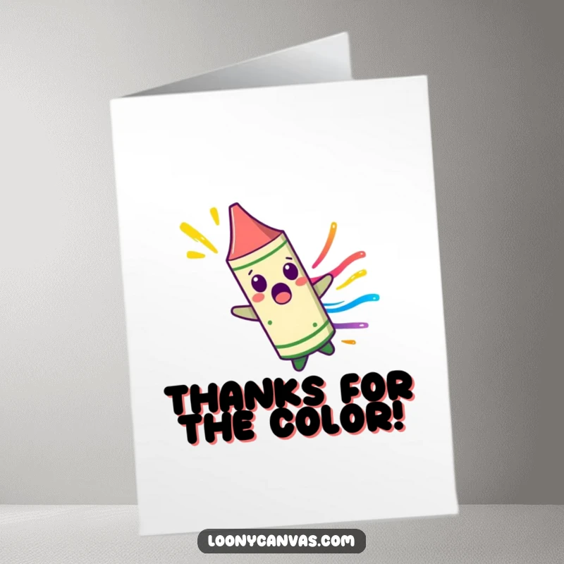 Funny Free Printable Thank You Card: A surprised crayon character spinning with a colorful streak, expressing thanks with wild energy.