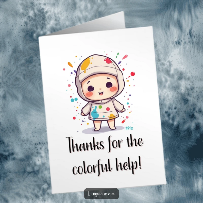 Funny Free Printable Thank You Card: Kawaii canvas character playfully splattered with paint, making thanks a colorful, downloadable delight.