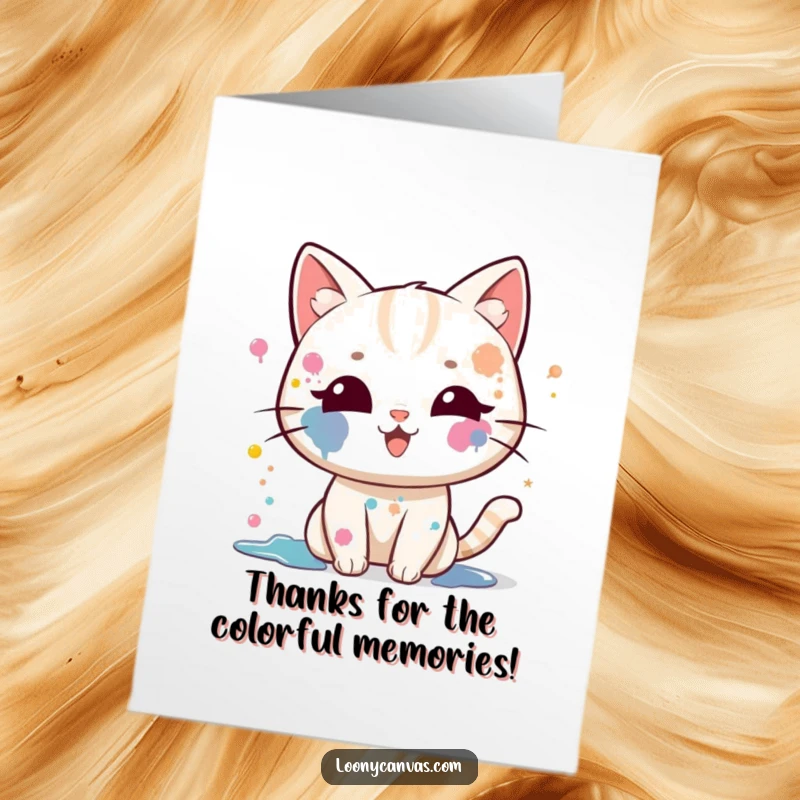 Funny Free Printable Thank You Card: Adorable kawaii cat with paint splatters, happily splattering more paint.