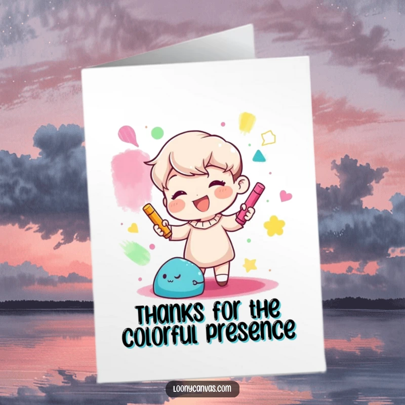 Funny Free Printable Thank You Card: Gleeful character using colored chalk to make abstract art, expressing thanks with vibrant creativity, printable.