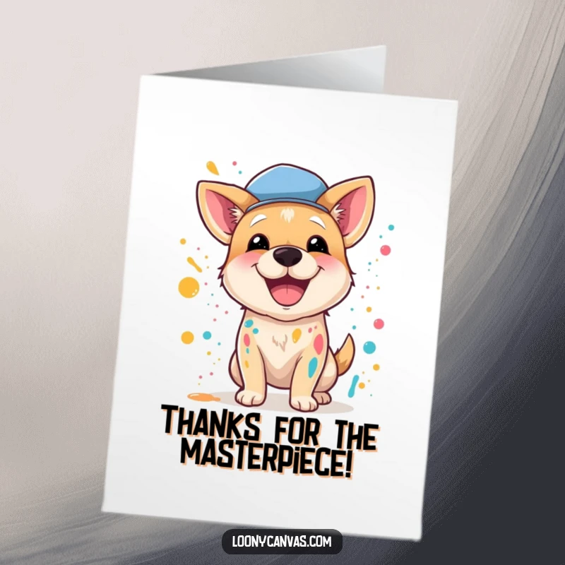 Funny Free Printable Thank You Card: A happy dog artist wearing a beret splatters paint, expressing thanks in a delightfully chaotic way.
